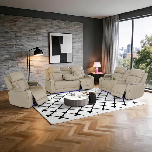 Vista 35 de Juego de sofá modular reclinable eléctrico con luz LED, juego de sofá modular reclinable de cuero, incluye sillón reclinable individual, juego