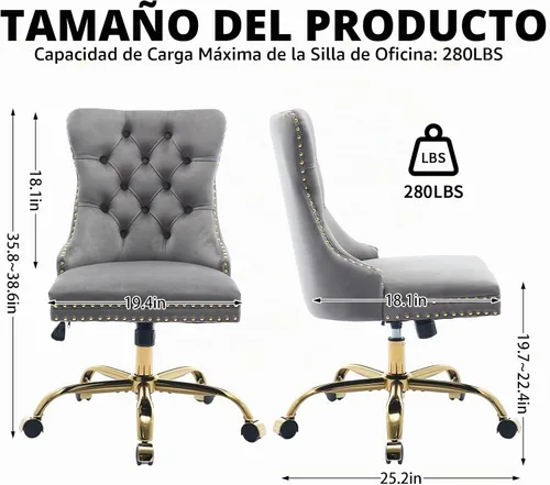 Vista 3 de Silla de escritorio de terciopelo gris con ruedas y base dorada, silla de oficina moderna giratoria cómoda, silla de tocador, silla de tarea, silla