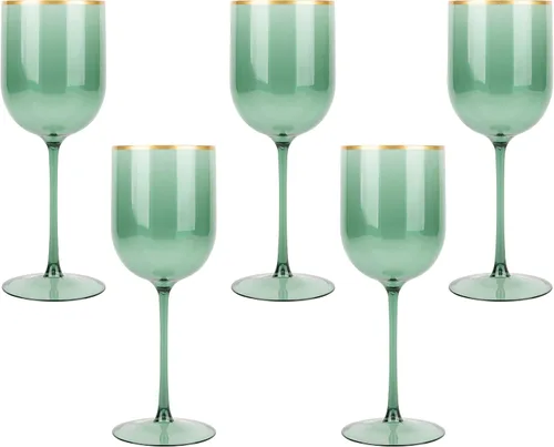 Vista 13 de PLASTICPRO Juego de 5 copas de vino de plástico con borde dorado, elegantes copas de vino de plástico duro en tallo de 12 onzas