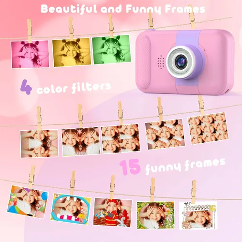 Vista 6 de Cámara para niños con lente giratoria de 180° para selfie y video, cámaras de video digitales HD para niños pequeños con tarjeta SD de 32 GB, ideal
