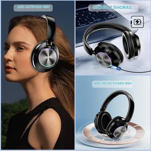 Vista 2 de Auriculares inalámbricos Bluetooth con cancelación de ruido con micrófono, tiempo de reproducción de 65 horas, llamadas claras, ajuste cómodo