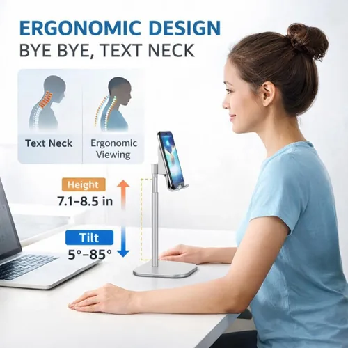 Vista 3 de Mizi Soporte para teléfono celular, ángulo y altura ajustable, soporte de teléfono de escritorio compatible con iPhone 17/16/15 Pro Max, Samsung
