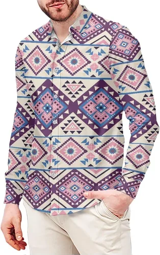 Vista 10 de Camisa azteca con botones para hombre, patrón nativo americano, camisas de manga larga con cuello en V y nación tribal
