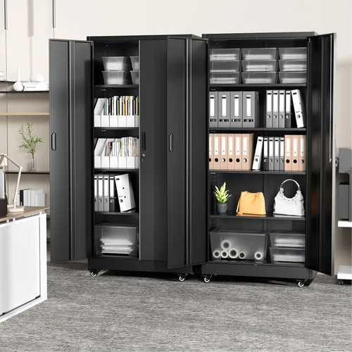 Vista 7 de Greenvelly Armario de almacenamiento de metal de 73 pulgadas con ruedas, gabinete de metal negro con cerradura con 2 puertas y 4 estantes
