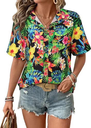 Vista 9 de LILYCHIC Camisas hawaianas de verano con botones de coco para mujer, camisas suaves con botones de manga corta A-hoja floral negra