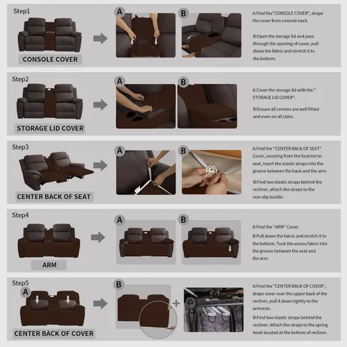 Vista 7 de Easy-Going Sofá biplaza reclinable de terciopelo con funda de consola central, fundas elásticas para sofá reclinable de 8 piezas, funda de sofá