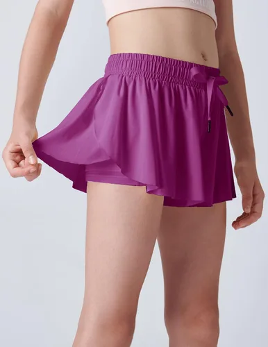 Vista 4 de Paquete de 3 pantalones cortos fluidos para niñas con forro de elastano, 2 en 1, faldas de mariposa para jóvenes, para fitness, correr, deportes