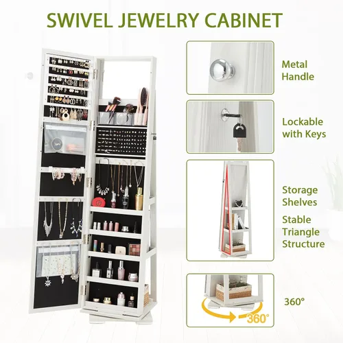 Vista 5 de Besunbar Armario de joyería giratorio de 360, organizador de joyas con cerradura con espejo de longitud completa, gran capacidad de almacenamiento