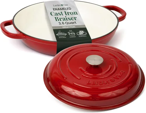 Vista 10 de Larder & Vine Brasera de Hierro Fundido Esmaltado Brasera de 3.6 qt con Tapa Horno Holandés Poco Profundo Compatible con Todas las Cocinas