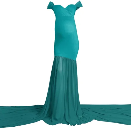 Vista 5 de Vestido de maternidad para mujer para fotografía, sirena con hombros descubiertos, ajustado, vestido de gasa, holgado, para baby shower, maxi