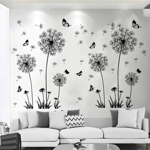 Vista 2 de Calcomanías creativas de pared de flor de diente de león, mariposa voladora, decoración del hogar para sala de estar, dormitorio, decoración