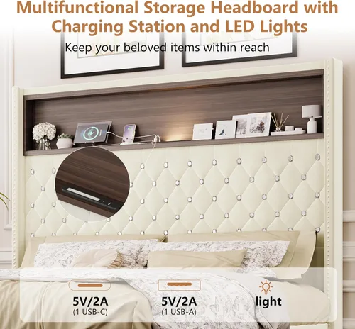 Vista 5 de VilroCaz Cama de plataforma suave de terciopelo de tamaño matrimonial de 52 pulgadas de alto y decoración de remaches, cama con plataforma