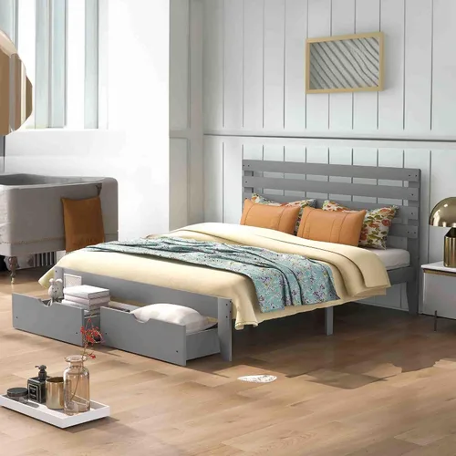 Vista 3 de Base de cama Queen con cajón de almacenamiento, base de cama de plataforma con cabecero, cámaras de base de colchón, soporte de listones de madera