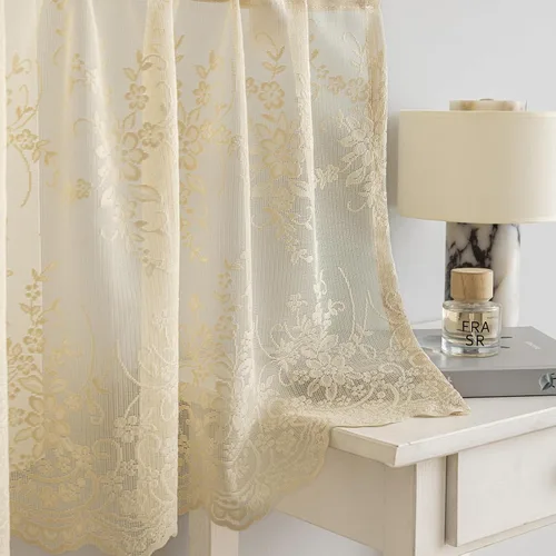 Vista 3 de Kotile - Cenefa de encaje beige para ventanas de estilo rústico campestre con diseño floral de vid, fondo ondulado, cenefa transparente de encaje