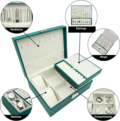 Vista 3 de CXEizZ Caja organizadora de joyas para mujeres, niñas y hombres con cerradura, collar y reloj, cajas de aretes de cuero sintético, estuche