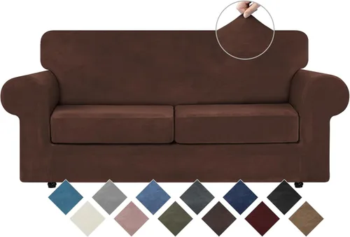 Vista 20 de WEERRW 4 Piezas Fundas de Terciopelo de Alta Elasticidad para Sofá de 3 Cojines Fundas de Sofá, Protector de Muebles Lavable con Parte Inferior