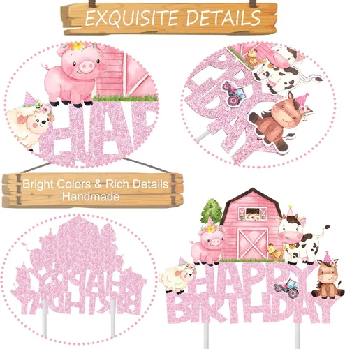 Vista 10 de Decoración rosa para tartas de animales de granja, animales de granja, decoración de fiesta de cumpleaños, decoración de pastel de cumpleaños