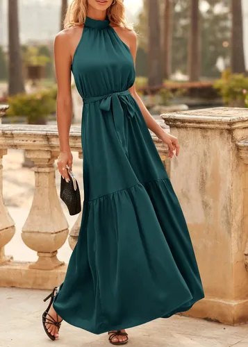 Vista 6 de KIRUNDO Vestido de satén sin mangas para mujer, de cintura alta, elegante, para boda, fiesta, cóctel, formal, vestido de graduación