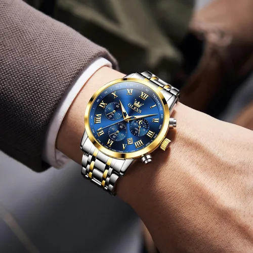 Vista 2 de OLEVS Reloj cronógrafo de acero inoxidable para hombre, con números romanos, fecha, analógico, de cuarzo, para hombre, multifuncional, a la moda