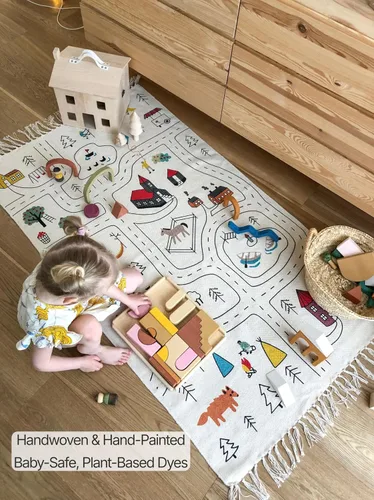 Vista 7 de Alfombra tejida a mano de algodón orgánico para niños (59 x 35 pulgadas), diseño de mapa de ruta de la ciudad, no tóxica y ecológica, alfombra suave