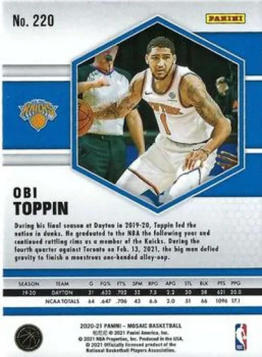 Vista 2 de Panini Mosaic #220 Obi Toppin RC Rookie Card New York Knicks - Tarjeta de baloncesto oficial de la NBA 2020-21 en estado crudo (NM o mejor)