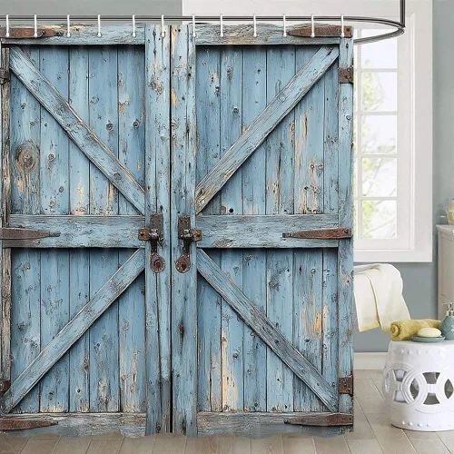 Vista 12 de JAWO Cortina de ducha rústica para puerta de granero, estilo occidental, para baño, tablero de madera marrón, tela impermeable de poliéster