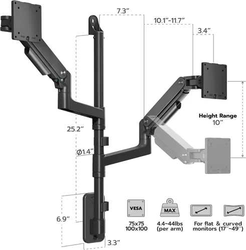 Vista 9 de ARES WING Soporte de pared para monitor doble para pantallas ultraanchas de 17 a 49 pulgadas, brazo de monitor de montaje en pared resistente