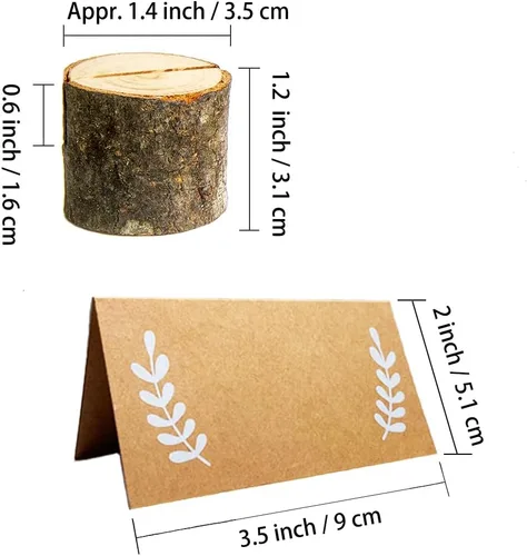 Vista 6 de 12 tarjeteros de madera rústica con 15 tarjetas de lugar de papel Kraft, soporte para números de mesas de madera, soportes para tarjetas de nombre