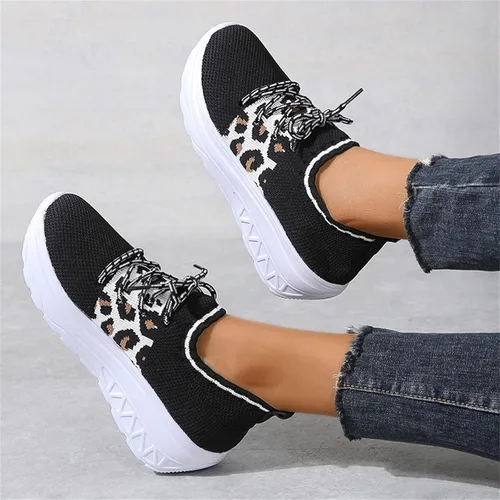 Vista 4 de Zapatos deportivos para caminar para mujer, con plataforma de espuma viscoelástica, de moda, con estampado de leopardo, de malla, transpirables