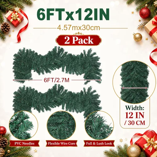 Vista 2 de 2 guirnaldas navideñas de pino de Alaska de 6 pies de grosor Verde