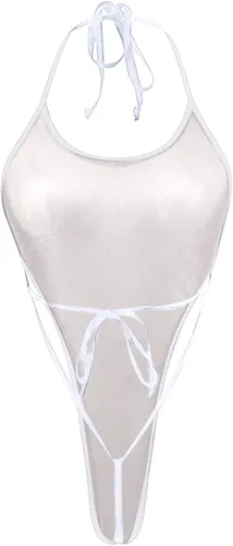 Vista 4 de Lencería para mujer, sexy, travieso, malla transparente, tanga de peluche, monokini y bragas, hilo de red atrevido bodydoll-body, Blanco, M
