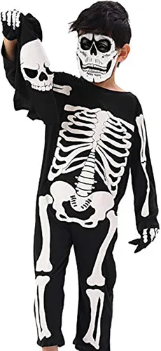 Vista 2 de Disfraz de esqueleto para niños, para Halloween, disfraz espeluznante con máscara de calavera