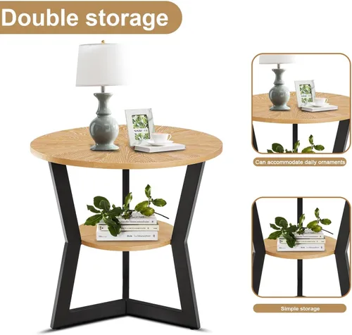 Vista 6 de Mesa auxiliar, mesa auxiliar redonda de madera para sala de estar con mesa de 2 niveles con estante de almacenamiento, diseño de soporte triangular