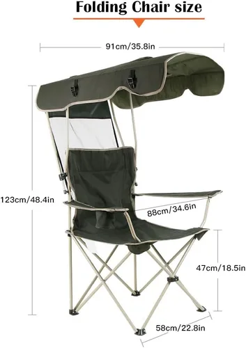 Vista 2 de Silla plegable portátil, toldo para camping, césped, playa, almohadilla reforzada, verde oscuro y caqui (caqui)