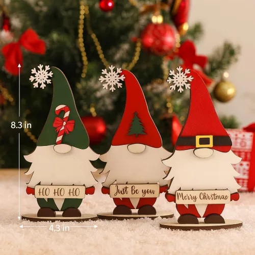 Vista 7 de Juego de 3 decoraciones de mesa de Navidad con gnomos de madera, decoración navideña para el hogar, oficina, chimenea, centro de mesa