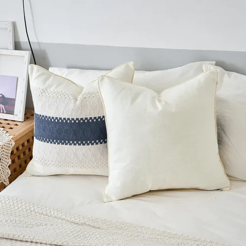 Vista 6 de 1 funda de almohada para sala de estar, algodón y arpillera, estilo bohemio decorativo para el hogar (beige y azul, 16 x 16 pulgadas)