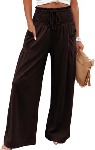 Vista 10 de Athlisan Pantalones palazzo holgados de pierna ancha para mujer, estilo casual, bohemio, fruncido, cintura alta, pantalones de descanso, playa