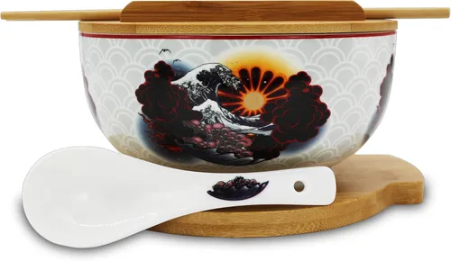 Vista 12 de XWORLD Juego de cuencos de cerámica japonesa para fideos ramen con cuchara de cerámica, palillos de bambú, tapa y salvamanteles, capacidad