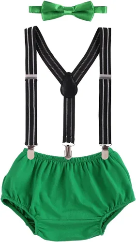 Vista 16 de Conjunto de ropa para festejar el primer cumpleaños de bebés, calzón pañalero con tirantes y corbata de moño. Beige & Blue