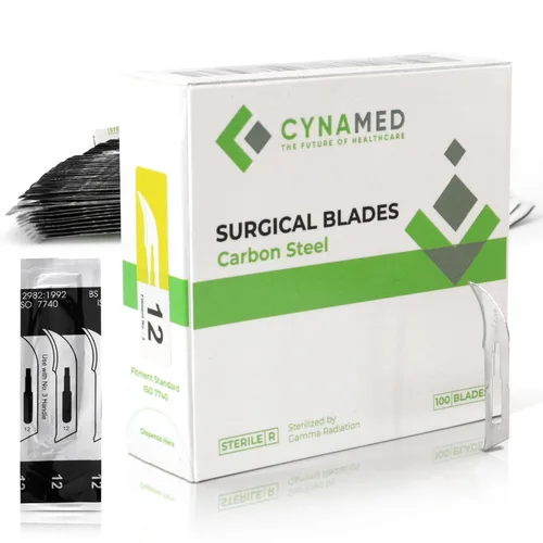 Vista 10 de Cynamed Caja de 100 cuchillas estériles de bisturí de acero al carbono envueltas individualmente en papel de aluminio