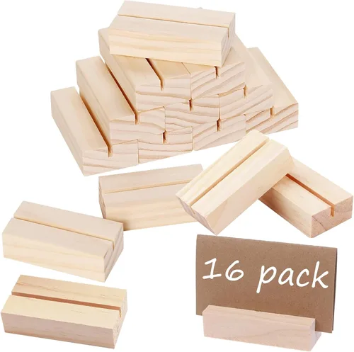 Vista 9 de 10 soportes de madera para tarjetas de lugar, soportes de madera para números de mesa de madera, soporte de letrero acrílico de madera, decoración