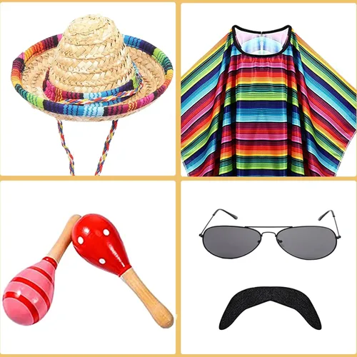 Vista 3 de Conjunto de poncho y sombrero mexicano para adultos, 7 piezas de disfraz de fiesta mexicana, incluye fiesta mexicana, poncho, poncho, sombrero