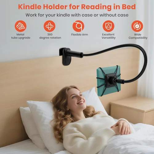 Vista 2 de Soporte para Kindle de cuello de cisne para leer en la cama, soporte de teléfono celular ajustable de 360° para escritorio, abrazadera flexible