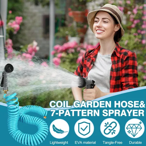 Vista 5 de Manguera de jardín enrollada ligera de 25 pies 3/8" EVA flexible con 7 boquillas multifunción y conectores de latón para riego de jardín, plantas