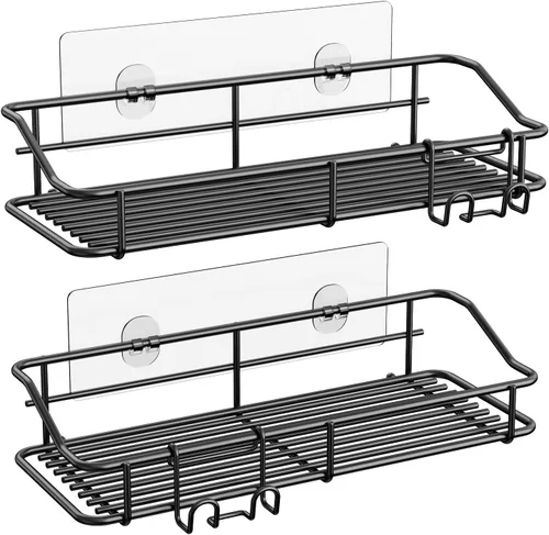 Vista 10 de Nieifi - Estante adhesivo para ducha con estantes de almacenamiento sin perforación de acero inoxidable con ganchos para baño, lavabo, aseo