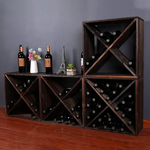 Vista 7 de Estante para vino de madera apilable de almacenamiento rústico estilo retro cubo de 24 botellas de madera para vino (marrón oscuro)