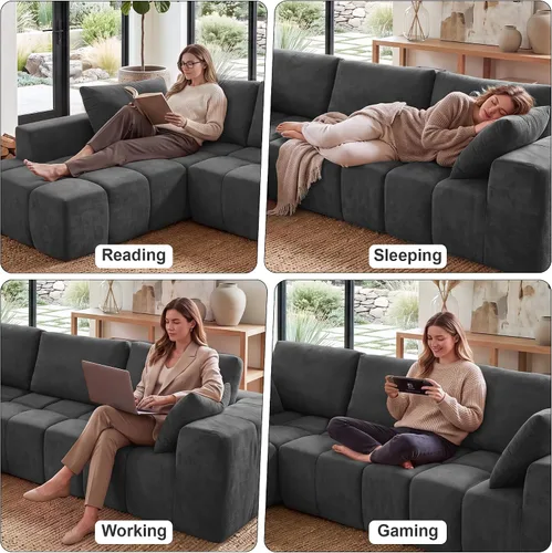 Vista 6 de Sofá modular sin hueso de 116 pulgadas para sala de estar, moderno sofá modular de felpilla con asiento profundo de gran tamaño, sofá nube con diván
