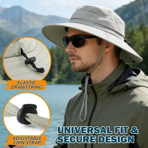 Vista 4 de Sombrero Boonie de ala ancha impermeable UPF 50+ para hombre, protección contra el sol y la lluvia Beige