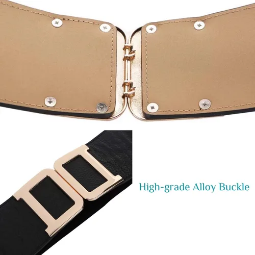 Vista 3 de CB - Cinturón elástico ancho para mujer, cintura alta, cuero auténtico, hebilla de color liso dorado