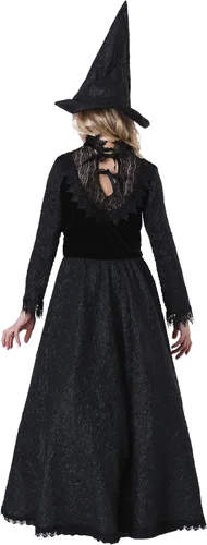 Vista 4 de Disfraz de bruja para niña, vestido de bruja oscura de lujo, traje de bruja malvada, vestido de disfraz de Halloween negro